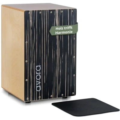 Abbildung von Avora Cajon Black Zebra Percussion Trommelkiste Stimmbare Gitarrensaiten Sitztrommel &amp; warmer Klang Snare Effekt Inkl. Sitzpad aus Neopren Instrument mit Schlagfläche Birke Schwarz