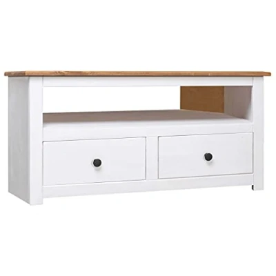 Abbildung von vidaXL Massivholz Panama Kiefer TV Eckschrank 2 Schubladen 1 Fach Ecktisch Lowboard Fernsehschrank HiFi Schrank Fernsehtisch Weiß 93x49x49cm