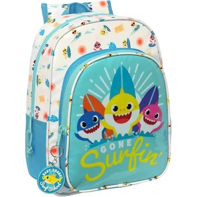 Abbildung von BABY SHARK SURFING Animierter Schulrucksack, Kinderrucksack, anpassbar an den Kinderwagen, ideal für Schulkinder, bequem und vielseitig, 26 x 11 34 cm, Blau Weiß, blau/weiß,