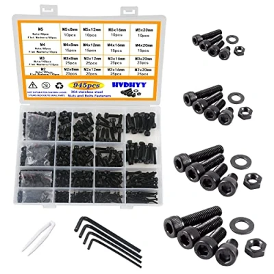 Abbildung von HVDHYY 945Stück M2 M3 M4 M5 Schrauben set aus Kohlenstoffstahl Schraube Muttern und Unterlegscheiben Sortiment Kit Schwarz Innensechskant Maschinenschrauben mit a Aufbewahrungsbox