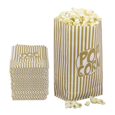 Abbildung von Relaxdays Popcorntüten, 144er Set, gestreift, Retro Optik, Kino, Filmabend Zubehör, Papier, Popcornbehälter, gold/weiß