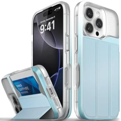 Abbildung von VENA vCommute Schutzhülle für iPhone 16 Pro, Fallschutz in Militärqualität, Klapphülle, Leder, Kartenhalter mit Ständer, Pastellblau