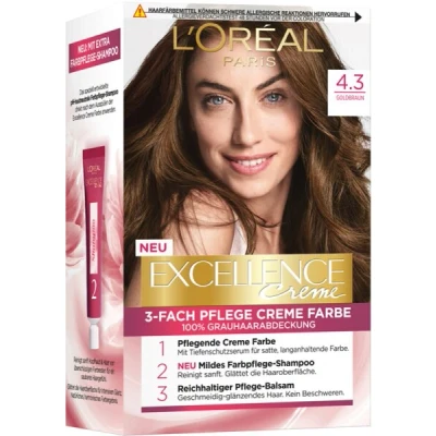 Abbildung von L&#039;Oréal Paris Permanente Haarfarbe, 100% Grauhaarabdeckung, Haarfärbeset mit Coloration, Shampoo und 3 Fach Pflege Creme Farbe, Excellence Creme, 4.3 Goldbraun, x 268 g
