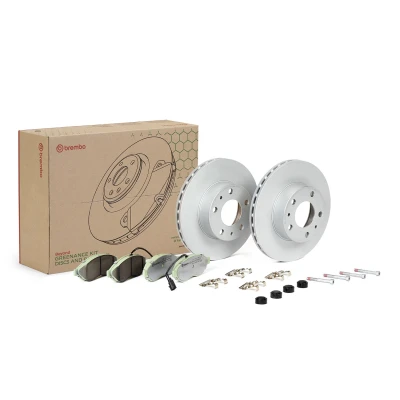 Abbildung von BREMBO KT 10 001 Bremsscheiben und beläge innenbelüftet mit Zubehör Bremssattelschrauben, Schrauben inkl. Verschleißwarnkontakt