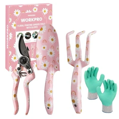 Abbildung von WORKPRO Gartenwerkzeug Set 4 tlg., Gartengeräte mit Geschenkverpackung, Gartenschaufel Gartenschere Gartenkralle Handschuhe, Geschenke für Gärtnerinnen und Gärtner, Gartengeschenk rosa