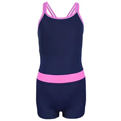 Abbildung von Aquarti Mädchen Badeanzug mit Bein Racerback, Farbe: Dunkelblau/Rosa, Größe: 152