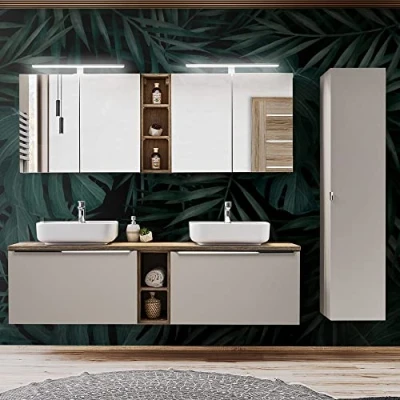 Abbildung von Lomadox Badmöbel Set PUEBLA 56 TAUPE, (Spar Set, 12 St), Eiche Doppelwaschtisch Keramik Waschbecken Spiegelschrank Hochschrank