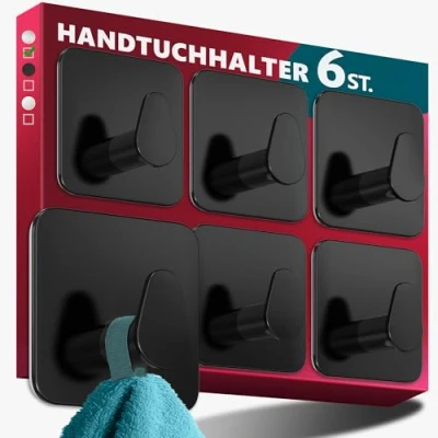 Abbildung von Menz Handtuchhalter ohne Bohren Edelstahl, 6er Set Wasserfeste Badezimmer in Schwarz, ovale Klebehaken fürs Bad, Haken selbstklebend als funktionale Handtuchhaken