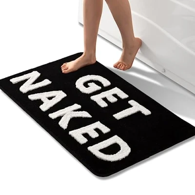 Abbildung von QJHOMO Get Naked Badematte, schwarz weiß, 60 x 90 cm, rutschfeste Badematten für Badezimmer, bunte Buchstaben, weiche Mikrofaser, Badezimmermatte, maschinenwaschbarer Teppich