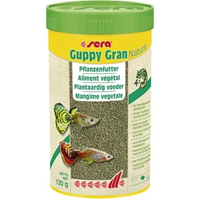 Abbildung von sera Guppy Gran Nature 250 ml (120 g) Pflanzenfutter aus langsam sinkendem Softgranulat, Futter sowie für Lebendgebärende, Schwertträger, Platy, Molly &amp; Co.