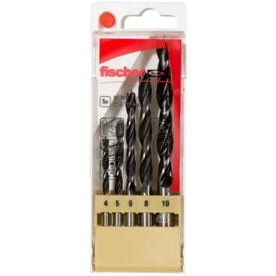 Abbildung von fischer Holzbohrer Set, 4 10 mm Durchmesser, Aufsätze für Bohrmaschinen, Bohrerset mit verschiedenen Größen, Werkzeug zum Bohren in Weich und Hartholz, 5er Pack