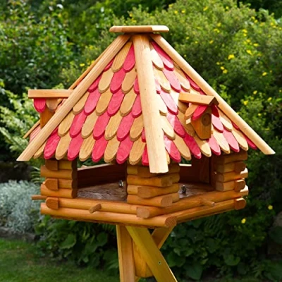 Abbildung von Deko Shop Hannusch XXL Luxus Vogelhaus wahlweise mit Solarbeleuchtung absoluter Blickfang, Vogelfutterhaus aus Holz, V13 Ständer, Futtersilo, Silo (XXL, rot/braun Holzschindeln)