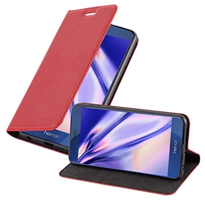 Abbildung von Cadorabo Hülle kompatibel mit Honor 8/8 Premium aus Kunst Leder Flip Klappbare Stoßfeste Magnetische [Standfunktion] [Kartenfächern] Cover für Tasche in Rot