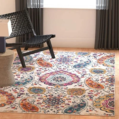 Abbildung von SAFAVIEH Boho Teppich für Wohnzimmer, Esszimmer, Schlafzimmer Madison Collection, Kurzer Flor, Creme und Multi, 91 X 152 cm