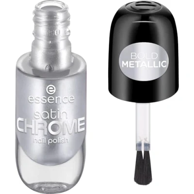 Abbildung von essence satin CHROME nail polish, Nr. 04, Silber, abdeckend, Expressergebnis, hochpigmentiert, metallisch, vegan, ohne Mikroplastikpartikel, Parfüm, Parabene, 1er Pack (8ml)