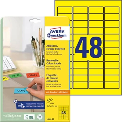 Abbildung von AVERY Zweckform L6041 20 Gelbe Etiketten (960 Aufkleber, 45,7x21,2mm auf A4, wieder rückstandsfrei ablösbar, selbstklebende Farbetiketten, Papier matt, bedruckbare, farbige Klebeetiketten) Blatt
