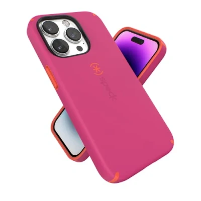 Abbildung von Speck iPhone 14 Pro Hülle Schlanke Handyhülle mit Fallschutz, Kratzfest Soft Touch für 6,1 Zoll zweilagige Hülle, Digital Pink/Energy Red CandyShell