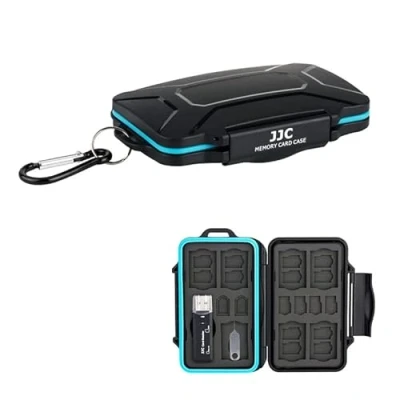Abbildung von JJC Speicherkarte Schutzhülle Aufbewahrung mit USB 3.0 Kartenleser für 7 SD SDXC SDHC + 16 Micro TF 2 SIM Nano Karten, Memory Card Case wasserdichte Etui Schutzbox Karabiner