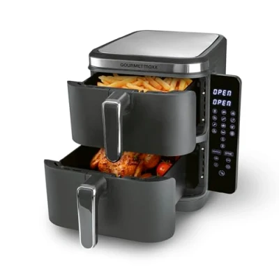 Abbildung von GOURMETmaxx Heißluftfritteuse FryUp Vertikaler Doppelkammer Airfryer 2x 5l, klappbares Touchdisplay, 32% platzsparender, Fassungsvermögen 10L