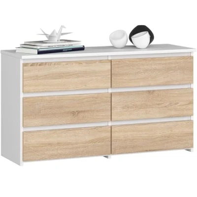 Abbildung von AKORD Kommode CL 100 mit 6 Schubladen Komodenschrank Funktional Für Wohnzimmer Schlafzimmer Langlebig Rollenführung ABS Kante 35x100x57cm Weiß + Sonoma Eiche Front