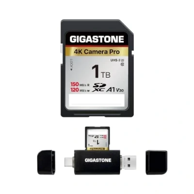 Abbildung von GIGASTONE 1TB SD Karte mit USB Typ C Kartenleser, V30, SDXC Speicherkarte, High Speed, 4K, Ultra HD, UHD Video, kompatibel Canon, Nikon, Sony, Panasonic, Digitalkamera, 1 Mini Hülle