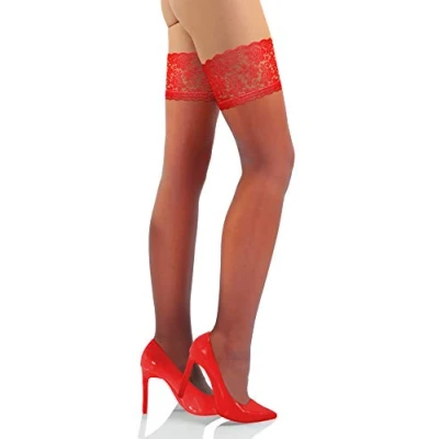 Abbildung von sesto senso Damen Halterlose Strümpfe 15 DEN Feinstrümpfe mit Spitze Rot 3XL/4XL Red