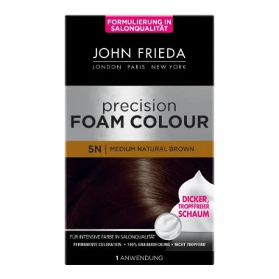 Abbildung von John Frieda Precision Foam Colour Farbe: 5N Medium Natural Brown Mittleres Braun Permanente Coloration in Schaumform Perfekte, gleichmäßige Abdeckung Für 1 Anwendung