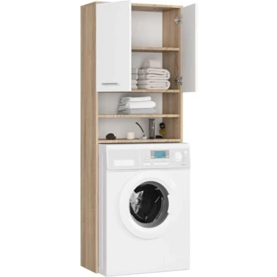 Abbildung von BDW Waschmaschinenschrank 180x64x30 cm, Badezimmer Hochschrank, Badezimmerschrank Hoch, Möbel, Bad Schrank Badezimmerschrank, Badregal, Waschmaschine, Eiche Sonoma/Weiß