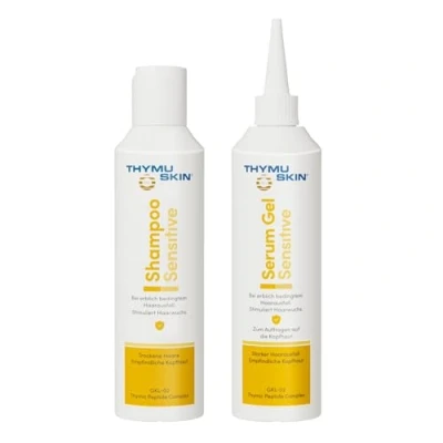 Abbildung von THYMUSKIN Sensitive Set: Bei diffusem Haarausfall und kleinen, kahlen Stellen. Stimuliert den Haarwuchs. SET (1 x 200ml Shampoo + 1 Serum Gel)