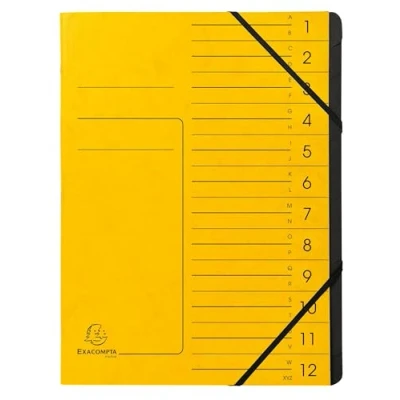 Abbildung von Exacompta 541209E Premium Ordnungsmappe geheftet. Aus extra starkem Colorspan Karton DIN A4 12 schwarze Fächer und 2 Gummizüge mit Organisationsdruck Ringmappe Register Mappe gelb