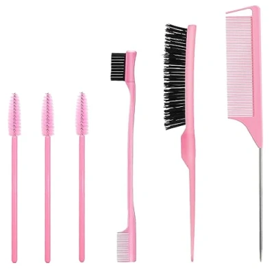 Abbildung von 6 Stück Haarkamm Set, Borsten Haarbürste Kamm Pflege Kanten Bürste, Kämme Robuster Rattenschwanz Kamm, Sleek Bun Edges Brush, Bürste Haare, Geeignet für Friseure und Damen (Rosa)