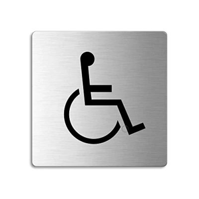 Abbildung von WC Schild Rollstuhl behindertengerecht Toilettenschild 85x85 mm selbstklebend Original aus der Ofform Edelstahlschilder Kollektion Nr.8934