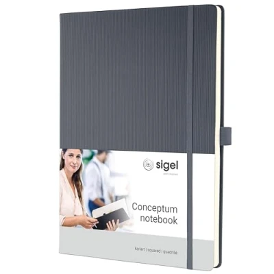 Abbildung von SIGEL CO648 Premium Notizbuch kariert, A4, Hardcover, 194 nummerierte Seiten, grau, nachhaltiges Papier, mit Inhaltsverzeichnis, Stiftschlaufe, Falttasche, Gummibandverschluss, Conceptum