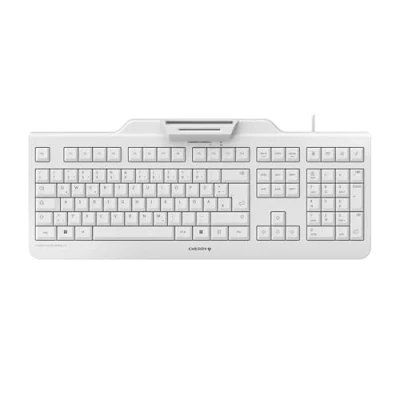 Abbildung von CHERRY SECURE BOARD 1.0, Deutsches Layout, QWERTZ Tastatur, kabelgebundene Security Tastatur mit integriertem Leser für Smartcards und Karten/Tags RF/NFC Schnittstelle, Weiß Grau