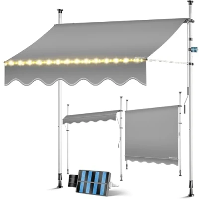 Abbildung von KESSER® Klemmmarkise mit Handkurbel &amp; LED Lichterkette Balkonmarkise ohne Bohren Markise UV beständig höhenverstellbar wasserabweisend Sonnenschutz für Balkon Terrasse Garten 250cm