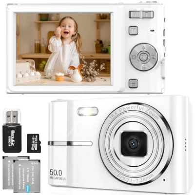 Abbildung von FAYIBUY Digitalkamera 50MP 1080P FHD Fotokamera mit Autofokus 16X Digitalzoom Fotoapparat Tragbare Kompaktkamera 32GB SD Karte für Kinder Teenager Anfänger Geschenk (Weiß)