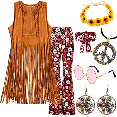 Abbildung von 70er Jahre Verkleidung Frauen Hippie Kostüm Fransen Weste &amp; Schlaghose Set mit Accessoires Damen Abba Disco Outfits 60er für
