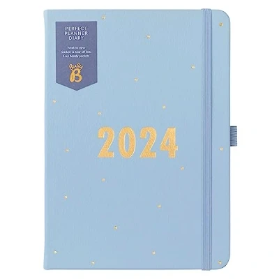 Abbildung von Busy B Perfect planner Terminkalender von Januar bis Dezember 2024 Blau A5 Wochenübersicht Planer mit Kunstlederdeckel, Stickern und Abreisslisten