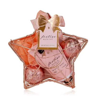 Abbildung von Accentra Duschset Frauen Geschenkset FESTIVE in sternförmigem Drahtkorb rosé 3 teiliges Pflegeset mit Hand &amp; Bodylotion, Badefizzer und Netzschwamm Geschenk Set zum Geburtstag Weihnachten