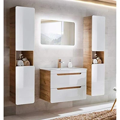 Abbildung von Lomadox Badmöbel Set, Hochglanz weiß mit Wotan Eiche Nb., 81 cm Waschtisch Unterschrank Keramik Waschbecken, 80 LED Spiegel, Hochschrank 2 Türen