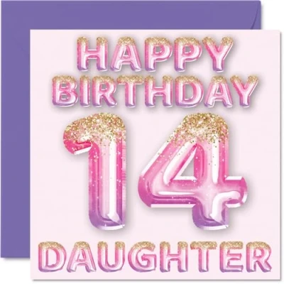 Abbildung von Geburtstagskarte zum 14. Geburtstag für Tochter rosa &amp; lila Glitzerballons Happy Birthday Karten 14 Jahre alte von Mama Papa Eltern, 145 mm x Geburtstagsgrußkarten Geschenk