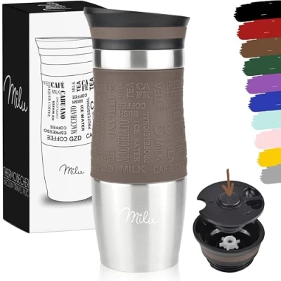 Abbildung von Milu Thermobecher Kaffee to go 370ml, 450ml Isolierbecher Kaffeebecher 100% Auslaufsicher Trinkbecher aus Edelstahl Autobecher doppelwand Isolierung Thermo Becher Travel Mug (Braun, 370ml)