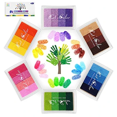 Abbildung von Funxim 24 Farben Stempelkissen Set, Fingerabdruck Ungiftig Abwaschbar Tinte Stamp Pad für Papier Handwerk Stoff Malerei DIY Geburtstag Geschenk (6 Pack)