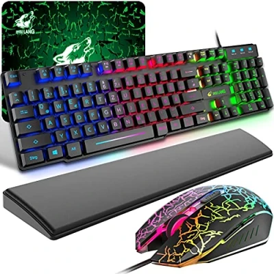 Abbildung von Gaming Tastatur und Maus mit Handballenauflage, QWERTZ Deutsches Layout Regenbogen LED Hintergrundbeleuchtung Ergonomische Keyboard 6 Tasten 2400 DPI Mauspad für Windows Mac PS4, Schwarz