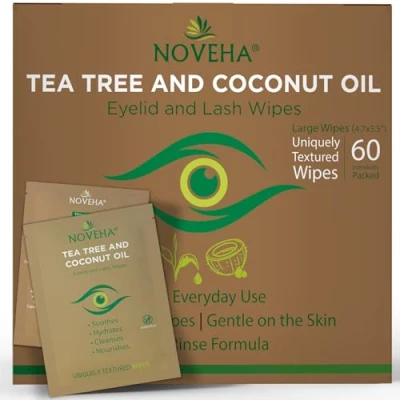 Abbildung von NOVEHA Augenlid und Wimperntücher mit Teebaumöl Kokosnuss, bei Demodex, Blepharitis juckenden Augen, Box 60 Stück