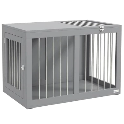 Abbildung von PawHut Hundehütte für Zuhause, mit Türen, Transportkäfig, mittelgroße Hunde, Grau