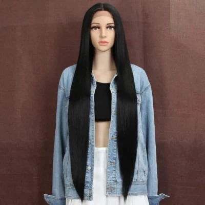 Abbildung von Style Icon Lace Front Perücken Wigs 94 cm Super Lange Spitze Seidig Gerade Haare Für Frauen Weichen Haarersatz Synthetische (1B)