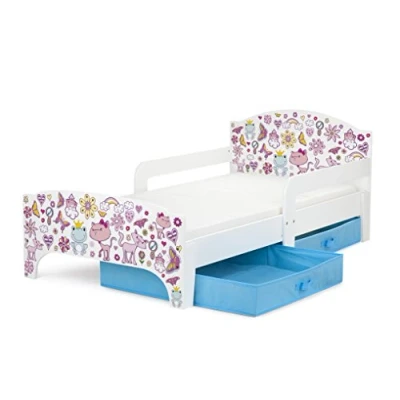 Abbildung von Leomark SMART Kleinkinderbett aus Holz Pink Princess Kinderbett mit Schubladen für Bettwäsche, Einzelbett Matratze, Stauraum, Rausfallschutz Lattenrost, Liegefläche 140 x 70 cm, UV Druck