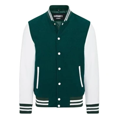Abbildung von Infinity Leather Letterman Baseball Bomberjacke aus Grünem, Wollweißem Leder im College Stil
