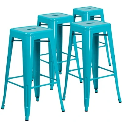 Abbildung von Flash Furniture Barhocker, kommerzielle Qualität, 76 cm hoch, ohne Rückenlehne, Metall, für Innen und Außenbereich, quadratische Sitzfläche, Eisen, Kunststoff, Kristall Türkisblau, 4 Stück